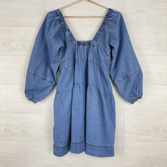 Free People Denim Babydoll Dress Women XS Light Blue Square Neck Balloon Sleeves - Picture 8 of 16